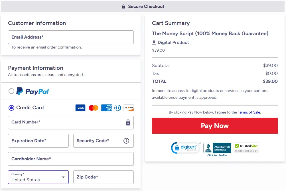 The money script checkout page